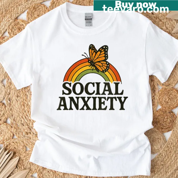 Whimsical T-shirt with rainbow and butterfly illustrations for social anxiety