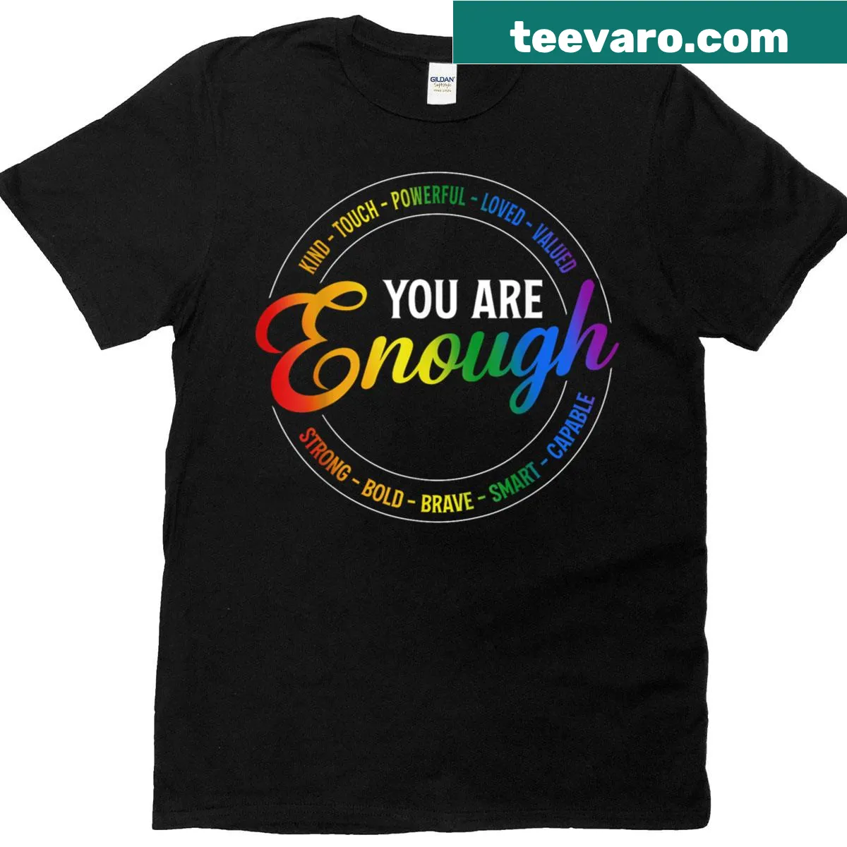 Inspirational t-shirt with 'You Are Enough' and rainbow pride flag design. — on a men's t-shirt