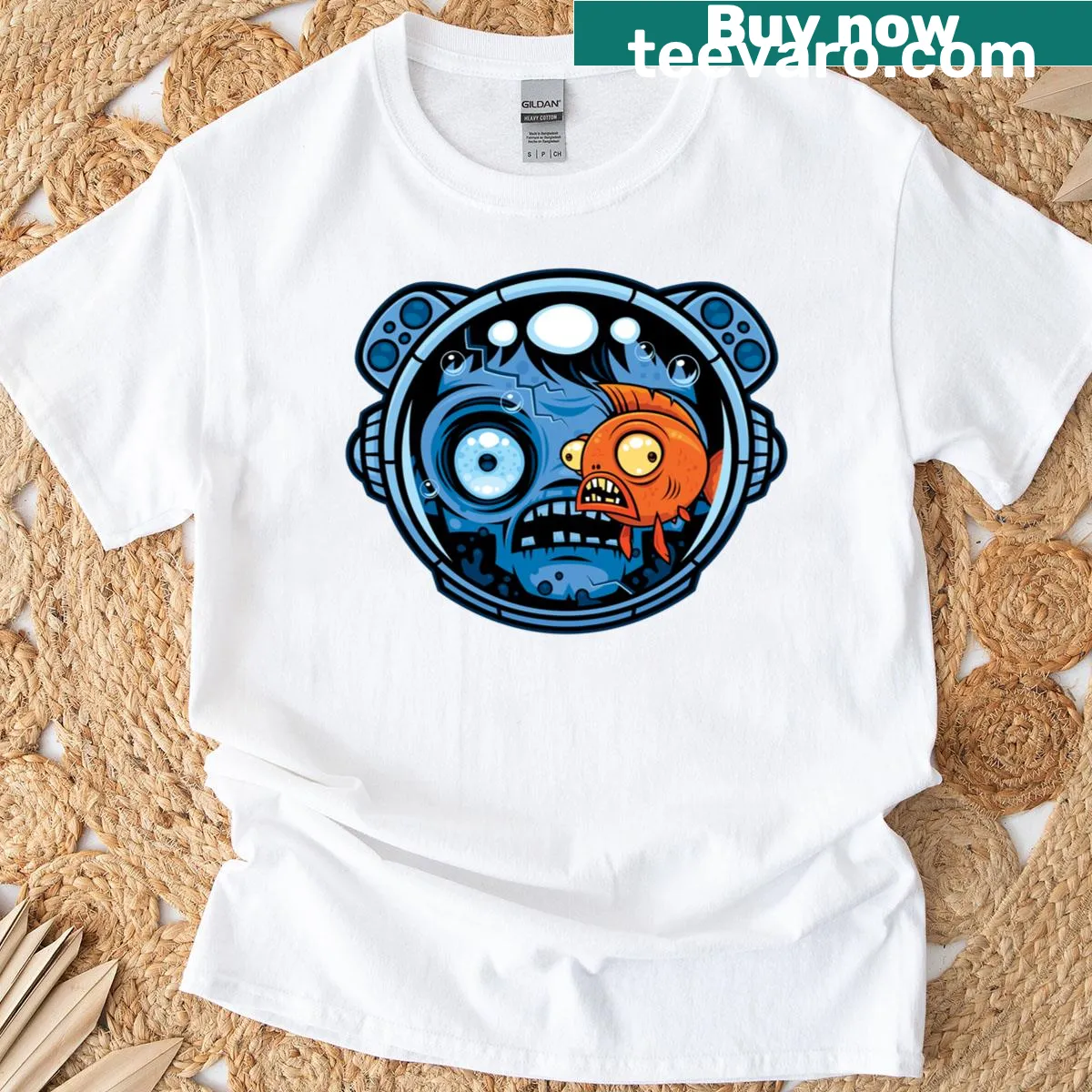 Funny cartoon zombie astronaut in a fishbowl helmet — on a men's t-shirt