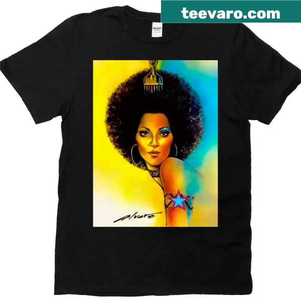 Illustration of a powerful Afro Goddess on a vintage-style T-shirt