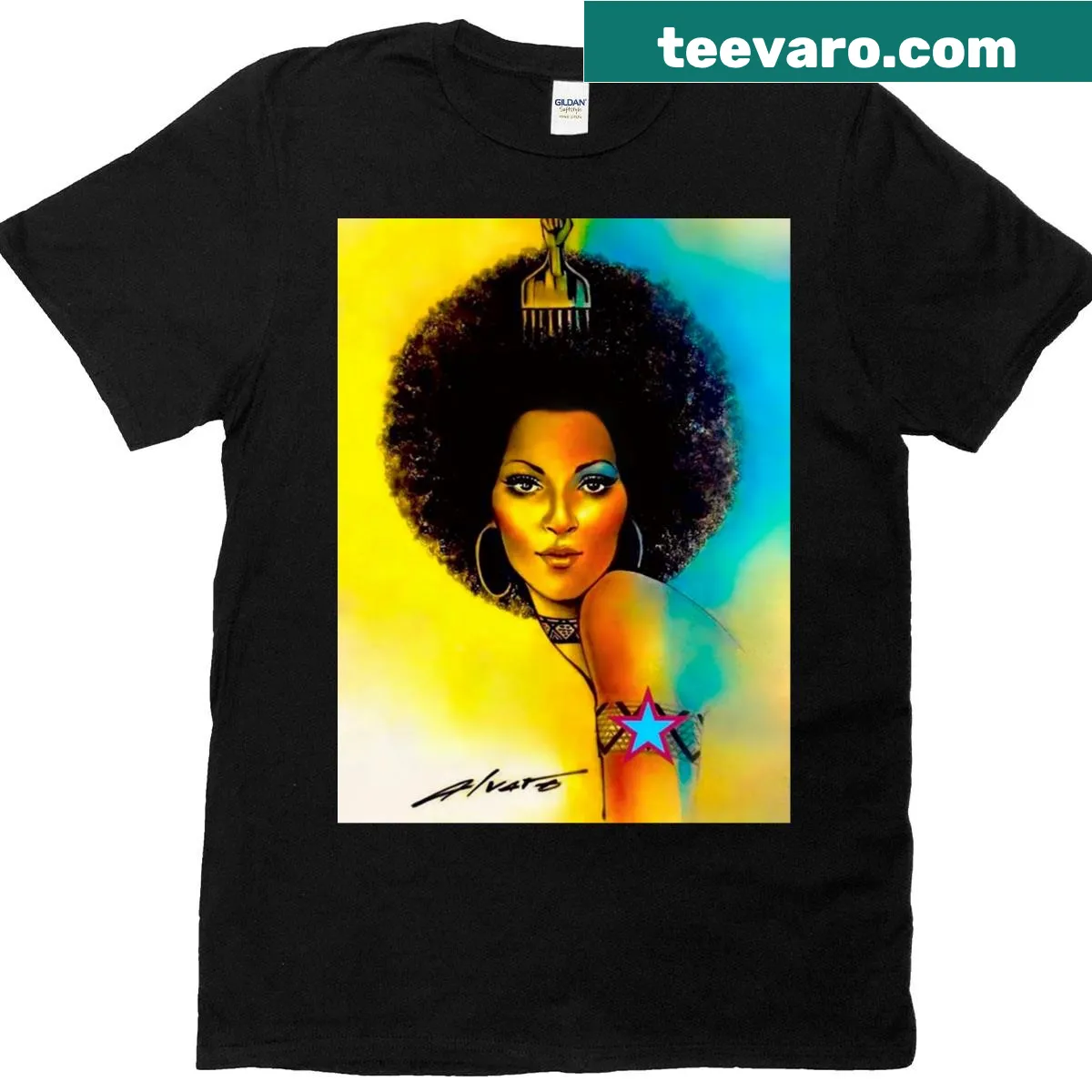 Illustration of a powerful Afro Goddess on a vintage-style T-shirt — on a men's t-shirt