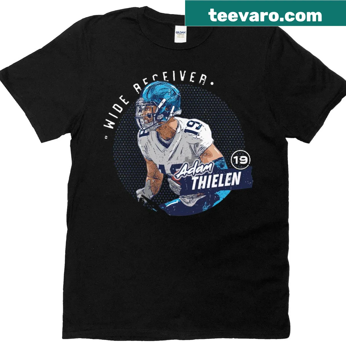 Adam Thielen Carolina Panthers t-shirt with bold typography and dots. — on a men's t-shirt