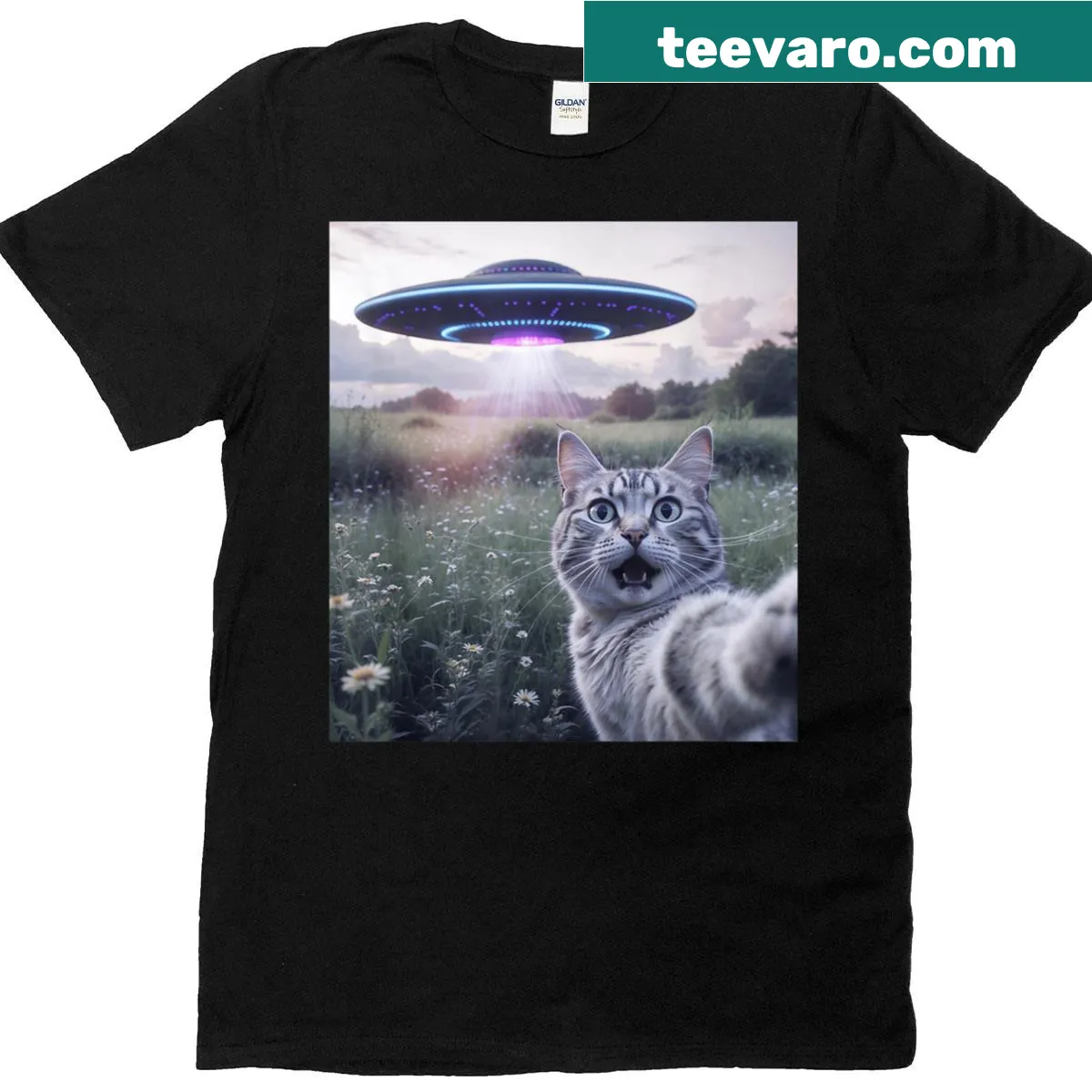 T-shirt featuring a funny graphic of an alien cat taking a selfie in a UFO. — on a men's t-shirt