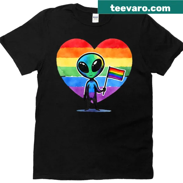Alien holding LGBTQ rainbow flag and heart pocket design