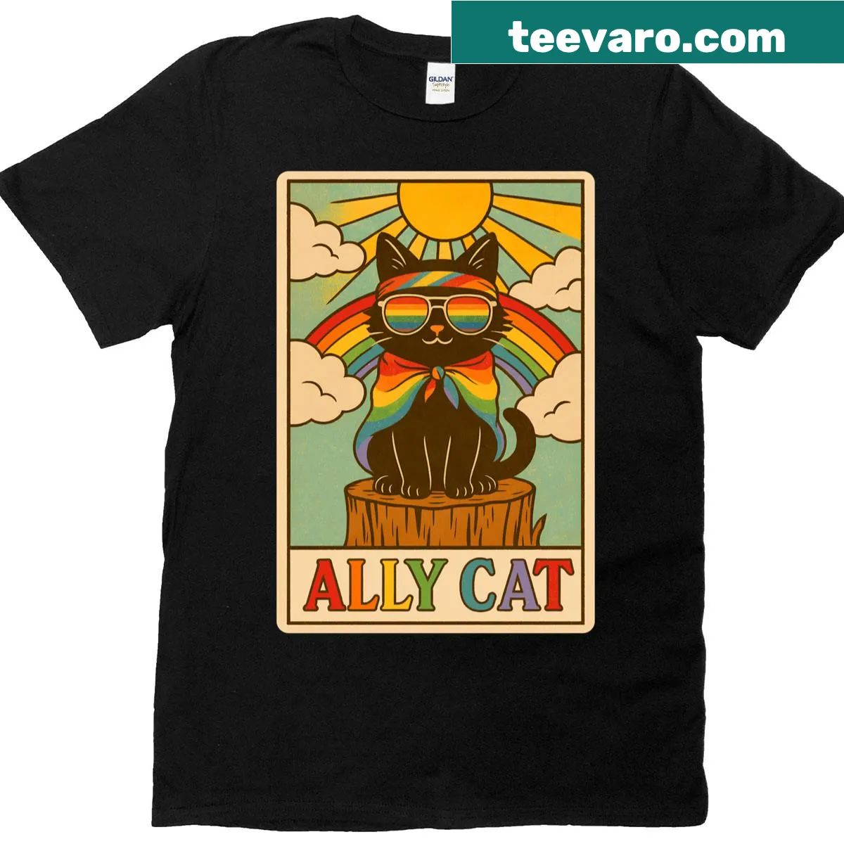 Be Kind LGBTQ t-shirt featuring a cat and rainbow flag — on a men's t-shirt