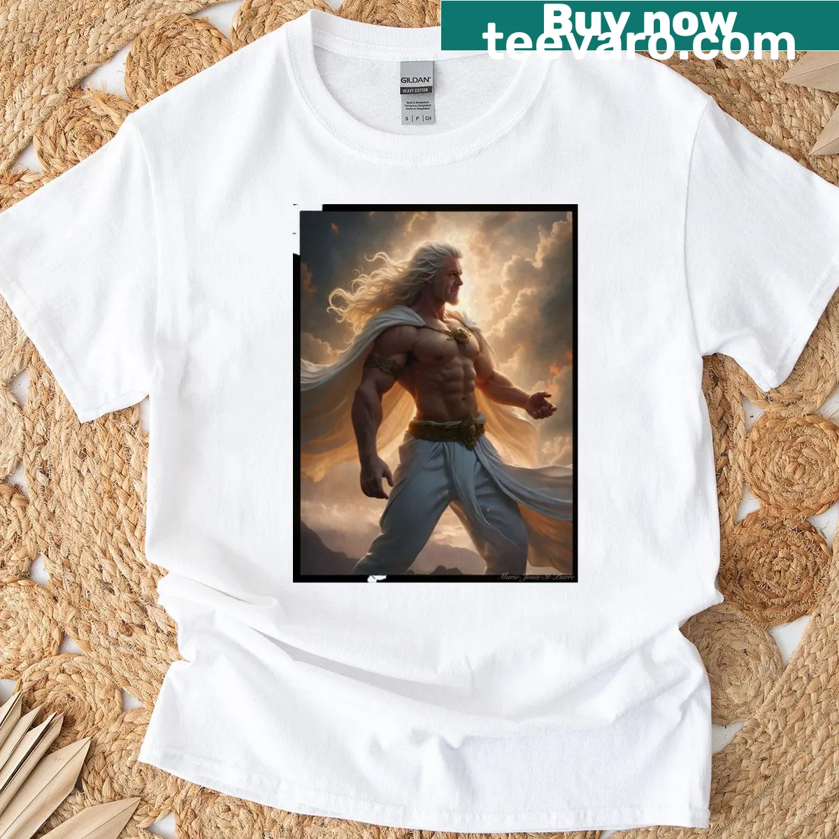 Whimsical Aries God of War graphic t-shirt design. — on a men's t-shirt