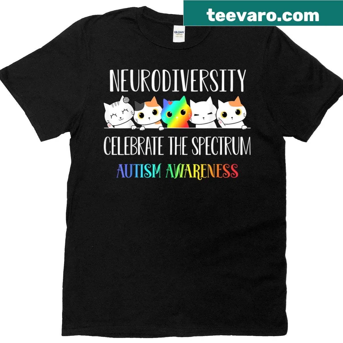 Cute cat graphic promoting neurodiversity and autism acceptance on T-shirt — on a men's t-shirt