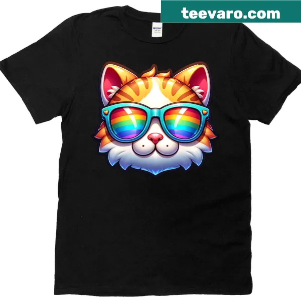 Cute T-shirt featuring a rainbow kitten with sunglasses