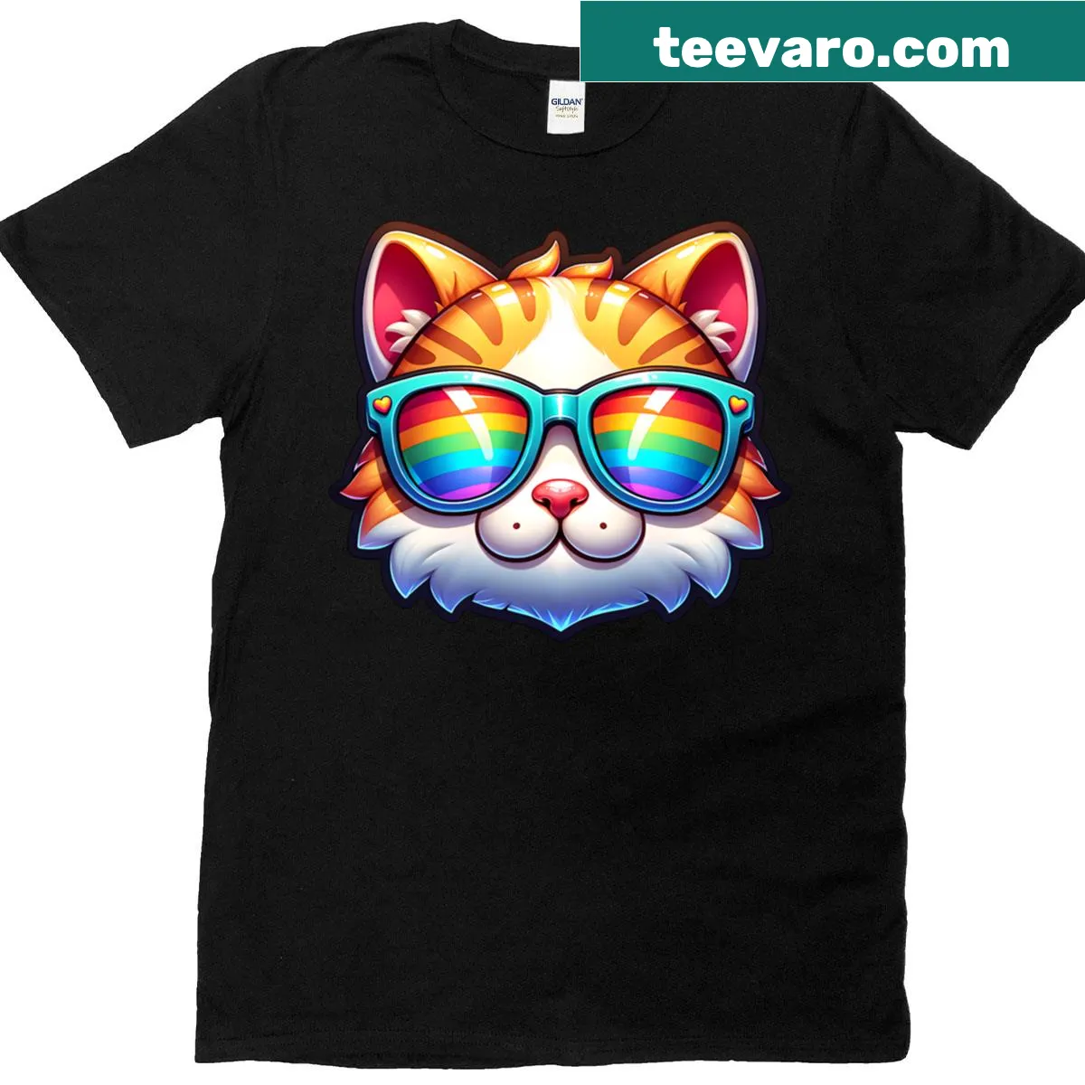 Cute T-shirt featuring a rainbow kitten with sunglasses — on a men's t-shirt
