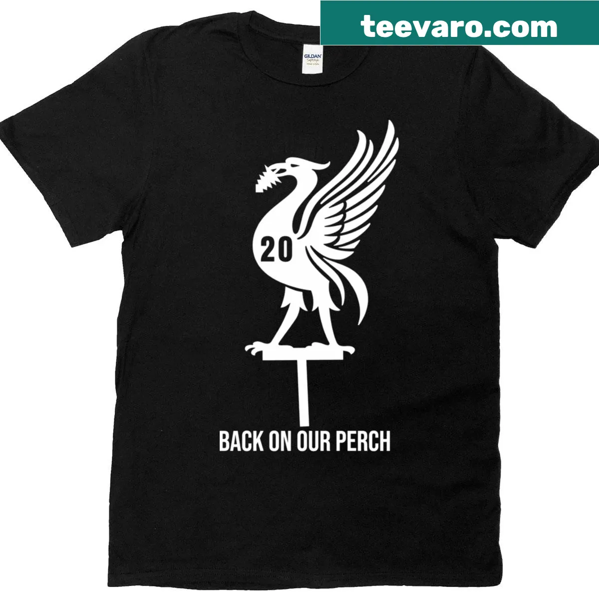Liverpool fan t-shirt with 'Back On Our Perch' slogan in bold text — on a men's t-shirt