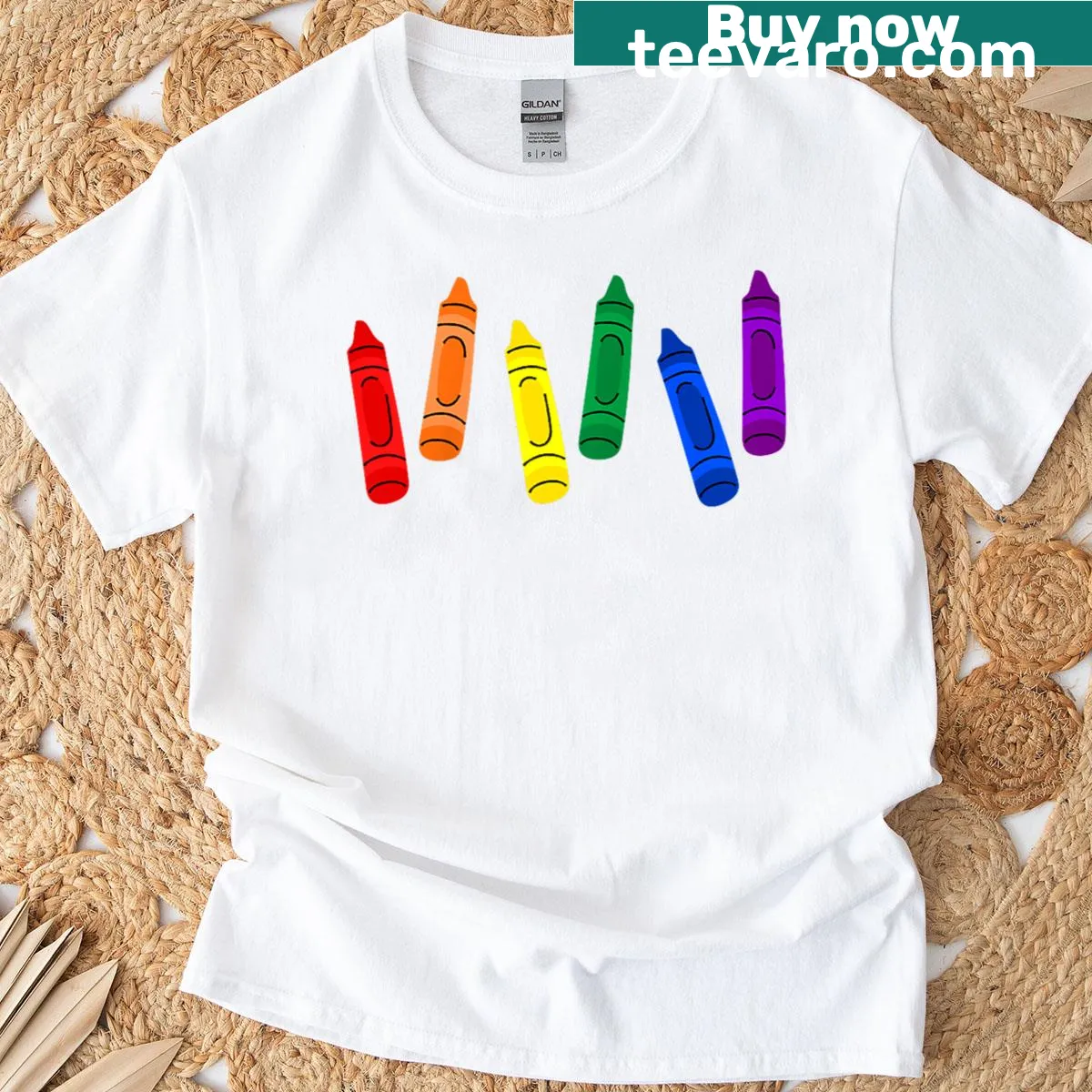 Rainbow crayons illustration representing LGBTQIA pride — on a men's t-shirt