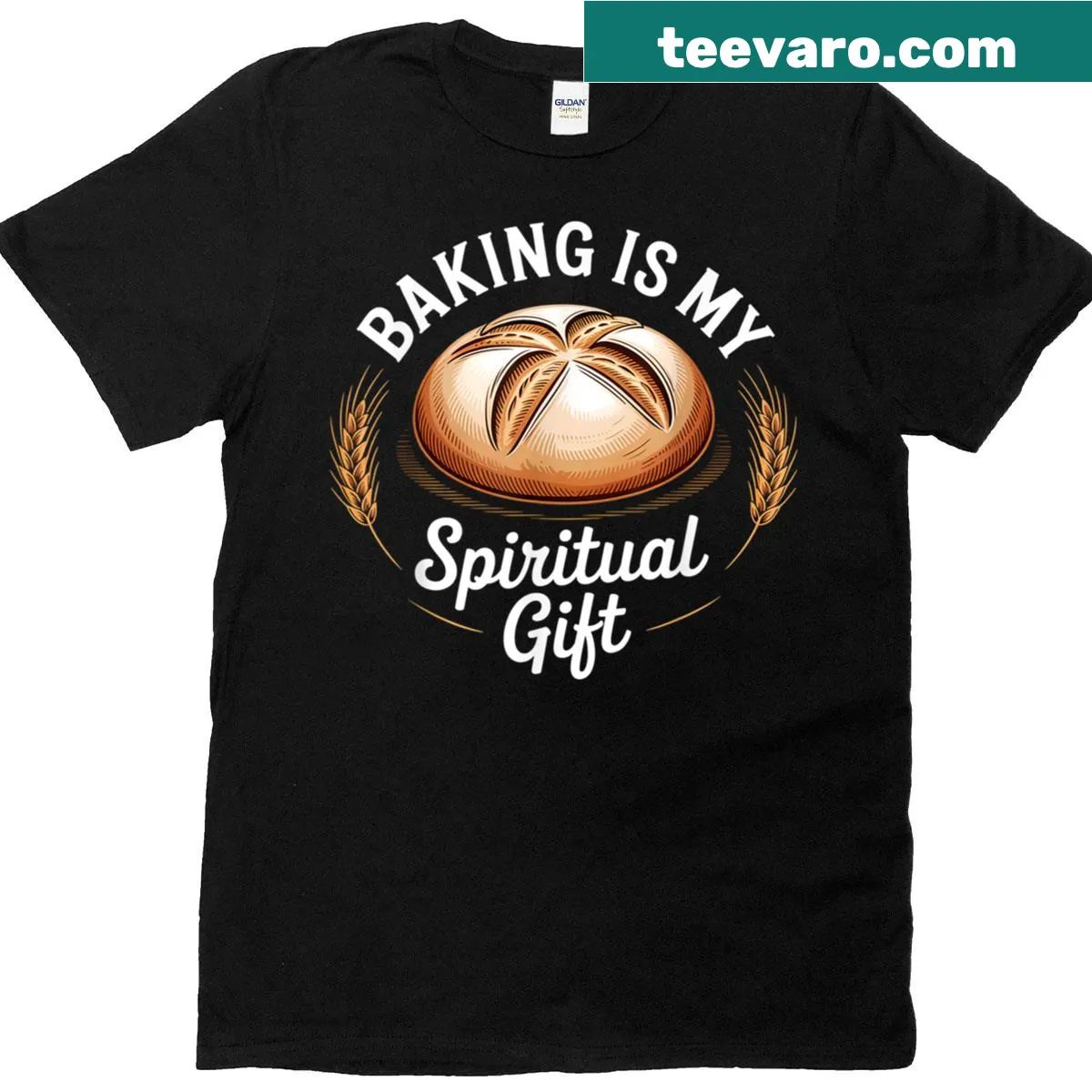 Light-hearted baking t-shirt with 'Baking Is My Spiritual Gift' in playful text — on a men's t-shirt