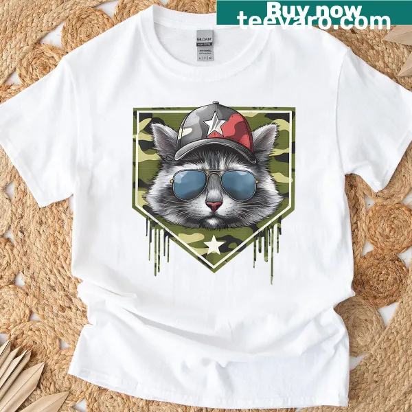 Funny camo drip home plate T-shirt with a cat theme for dads