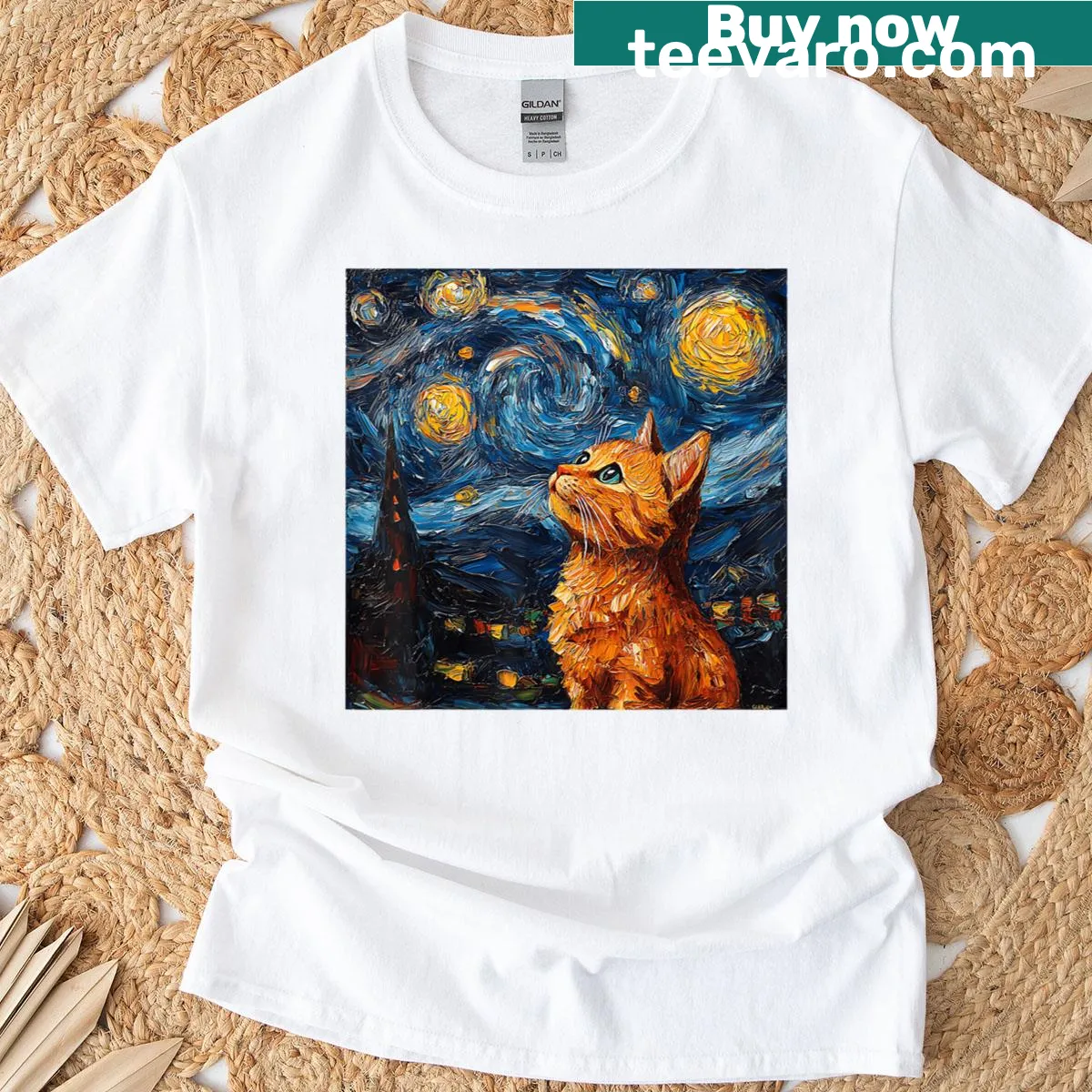 Artistic cat illustration T-shirt inspired by Van Gogh — on a men's t-shirt