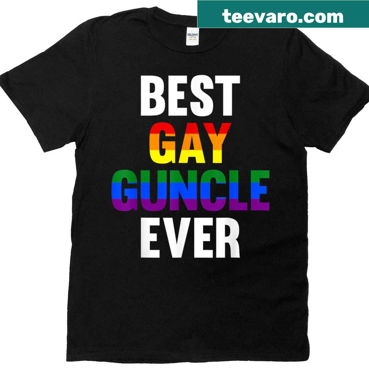 Funny typography proclaiming 'Best Gay Guncle Ever' on a T-shirt — on a men's t-shirt
