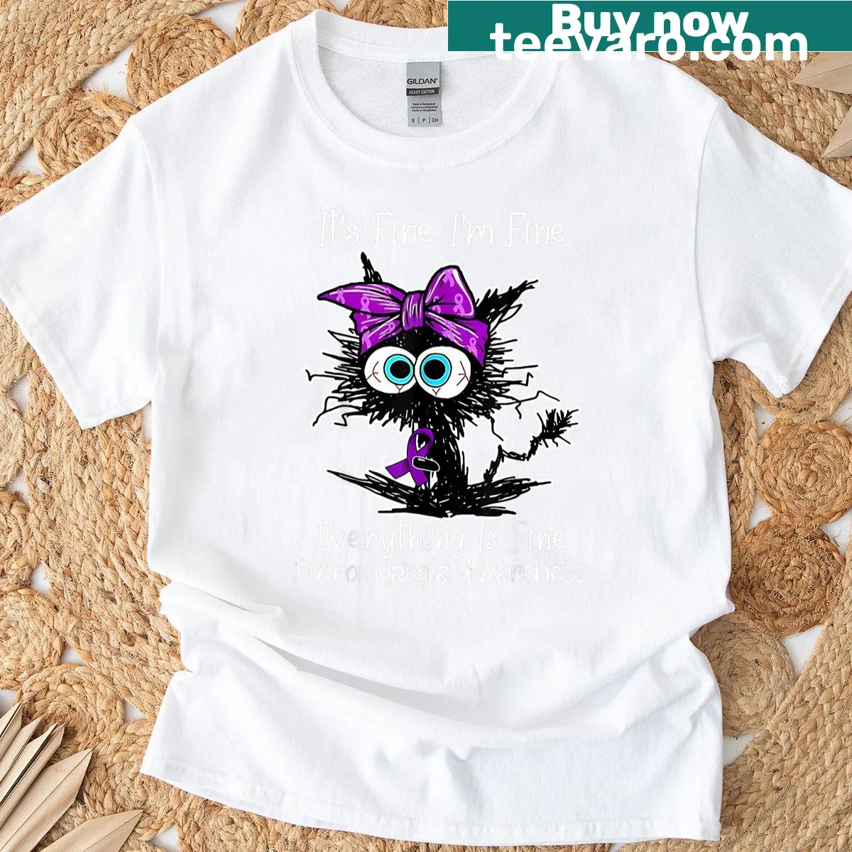 Black cat graphic with awareness message for fibromyalgia on T-shirt — on a men's t-shirt