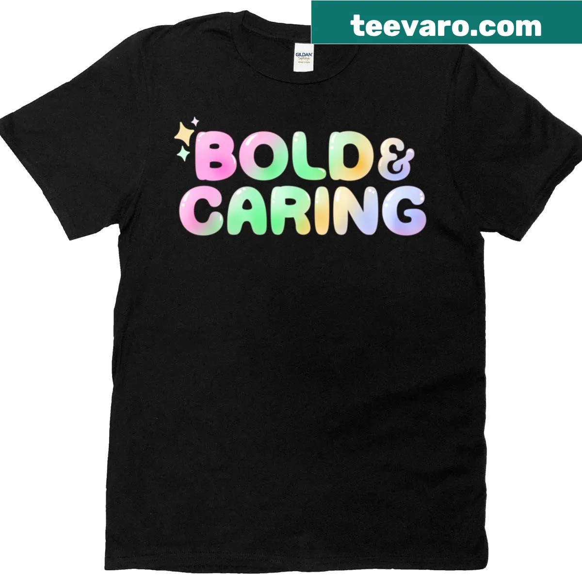 Bold typography design saying 'Bold Amp Caring' on a T-shirt — on a men's t-shirt