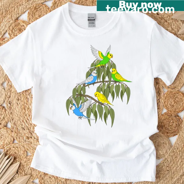 T-shirt with illustration of budgies in a bush.
