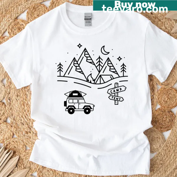 Graphic t-shirt celebrating camping fun and outdoor adventures