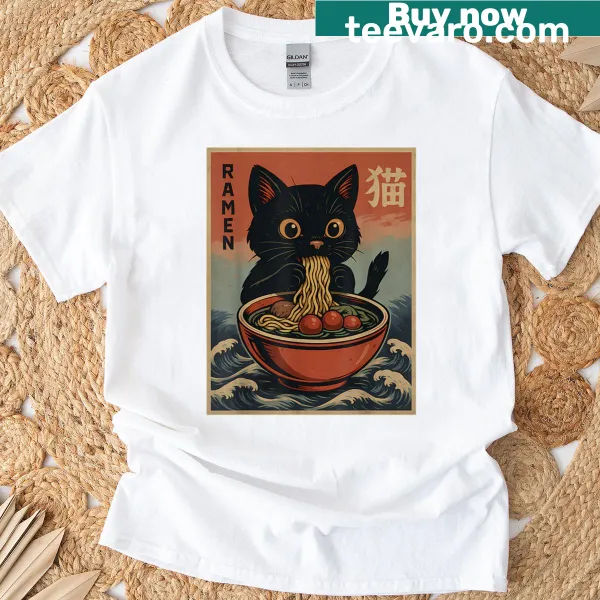 Funny graphic of a cat in a ramen bowl on a t-shirt