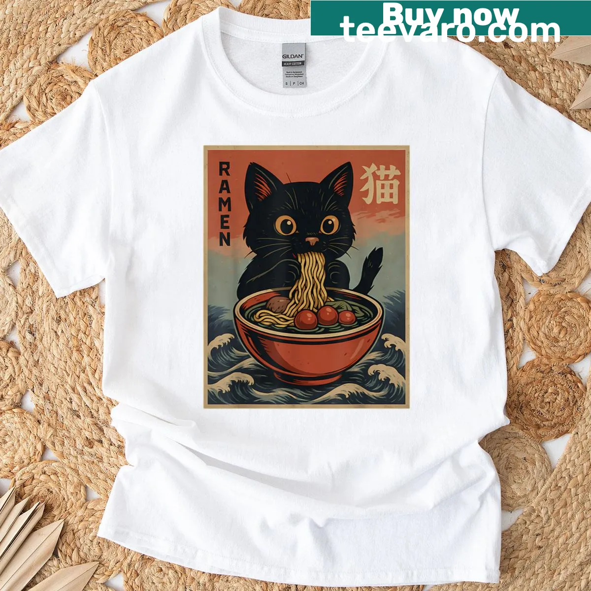 Funny graphic of a cat in a ramen bowl on a t-shirt — on a men's t-shirt