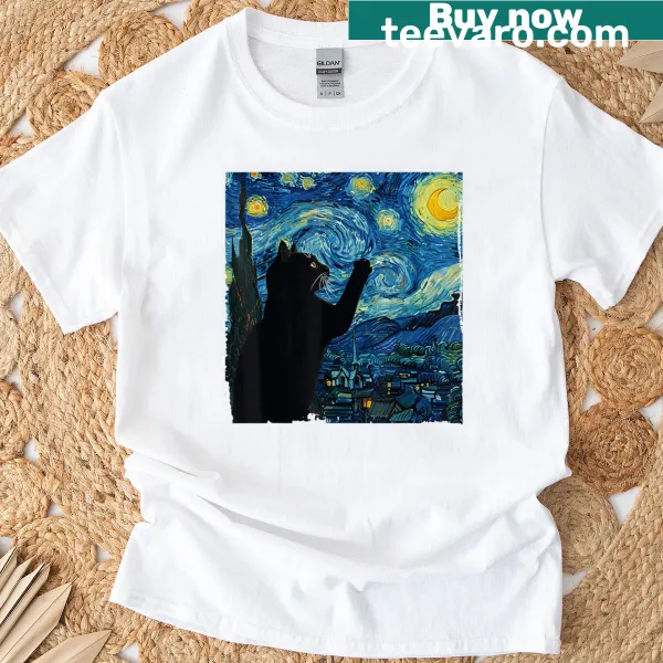 Van Gogh-inspired cat design on a t-shirt