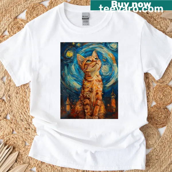 Beautiful cat design inspired by Van Gogh's Starry Night on a t-shirt