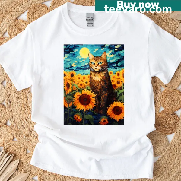Cat and sunflower design inspired by Van Gogh on a t-shirt