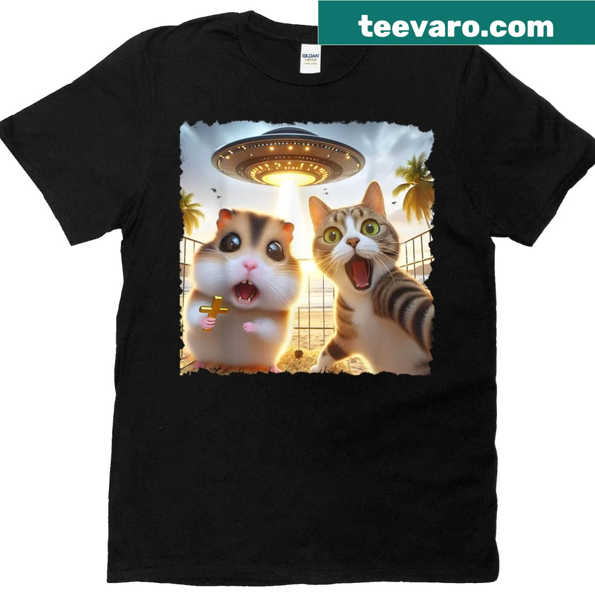 Funny T-shirt featuring a cat and hamster taking a selfie with an alien shark — on a men's t-shirt