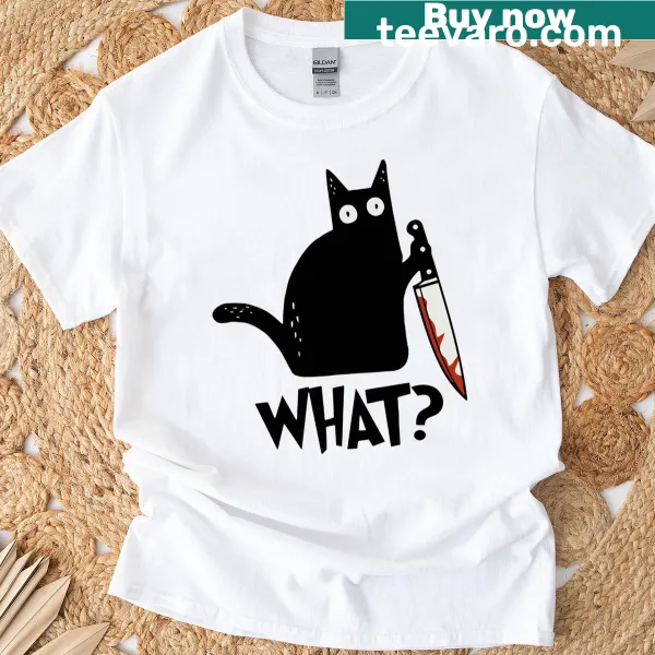 Cartoon graphic of a black cat with a knife on a t-shirt
