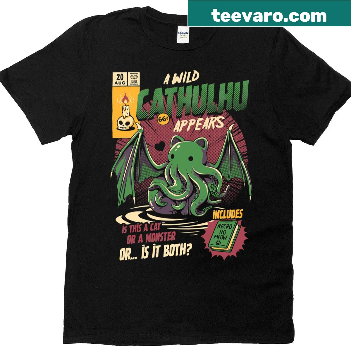 Illustration of Cathulhu on oversized T-shirt — on a men's t-shirt