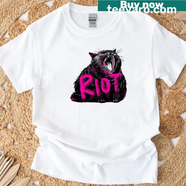 Illustration of a chonky black cat on a t-shirt