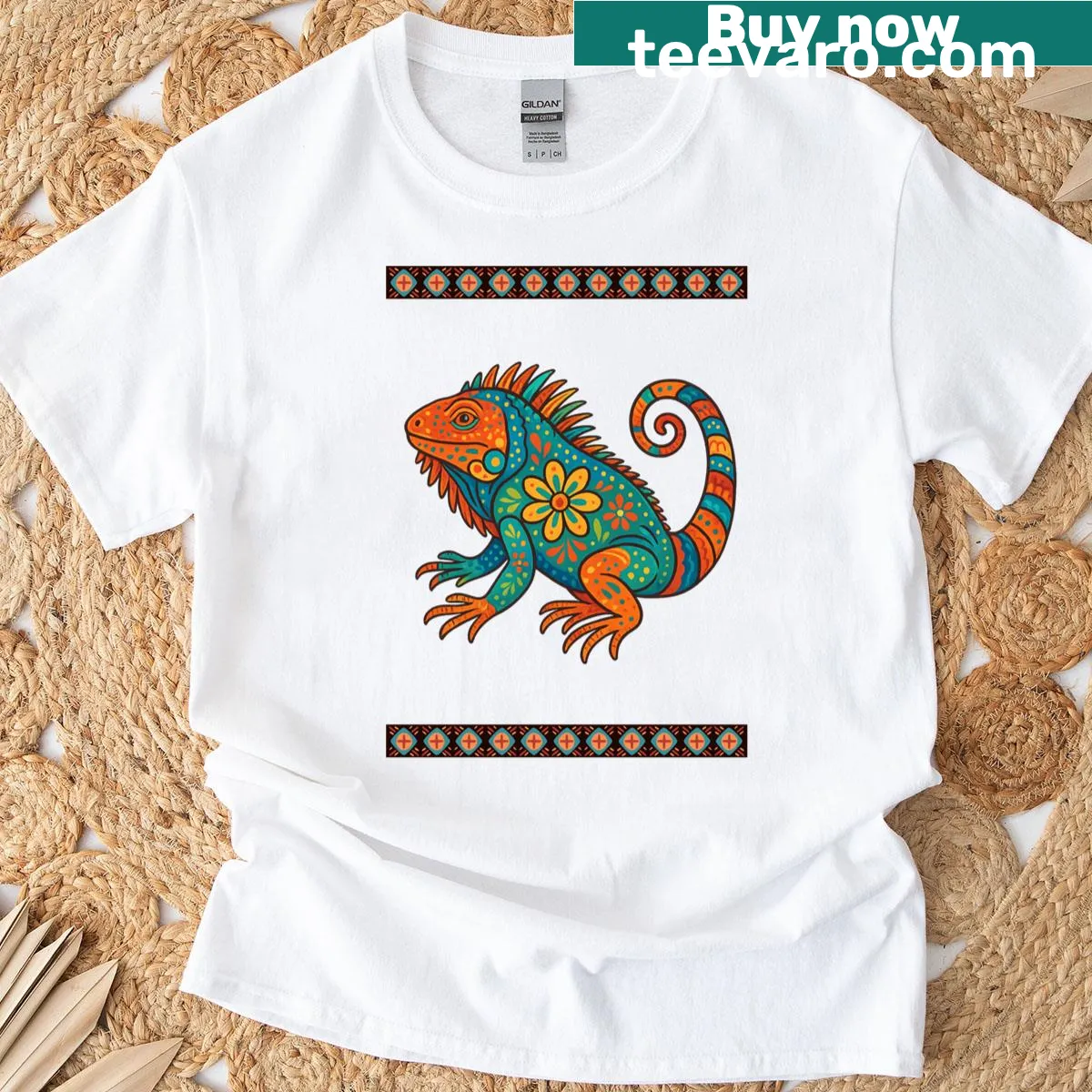 Folk art T-shirt with colorful iguana design — on a men's t-shirt