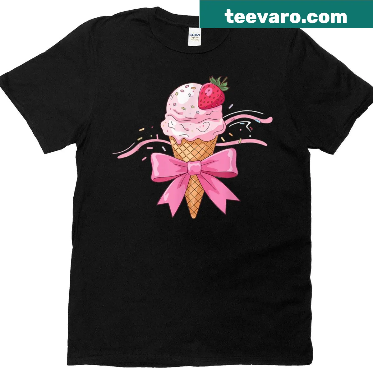 Cute T-shirt featuring an ice cream cone with a bow and sprinkles. — on a men's t-shirt