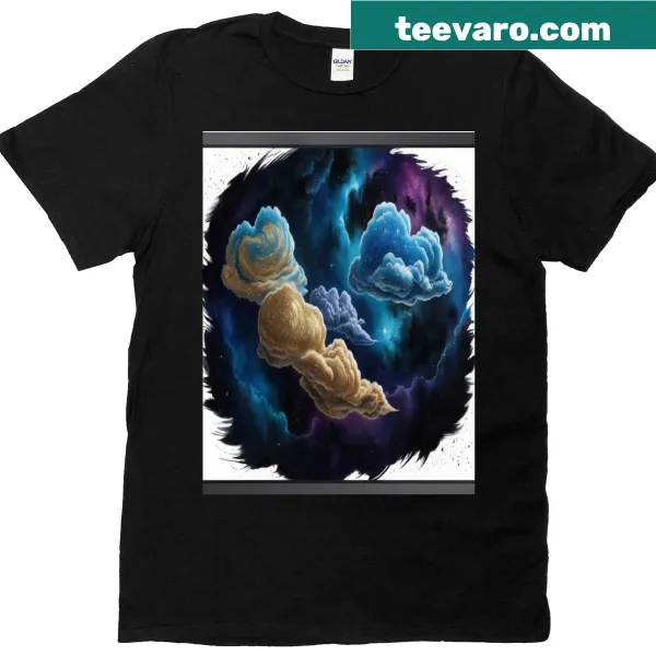 T-shirt displaying cosmic clouds and celestial graphic