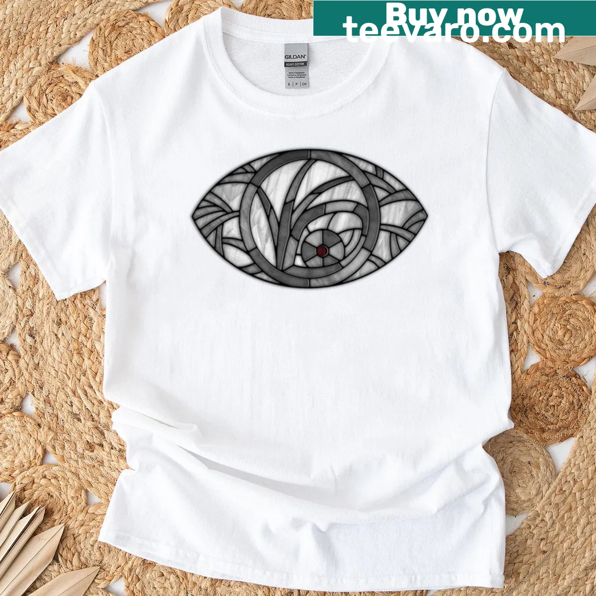 Graphic T-shirt featuring Count Olaf's eye window in stained glass style — on a men's t-shirt