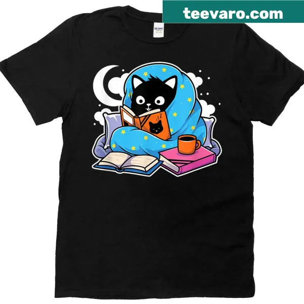 T-shirt with an illustration of a black cat reading under a star blanket.