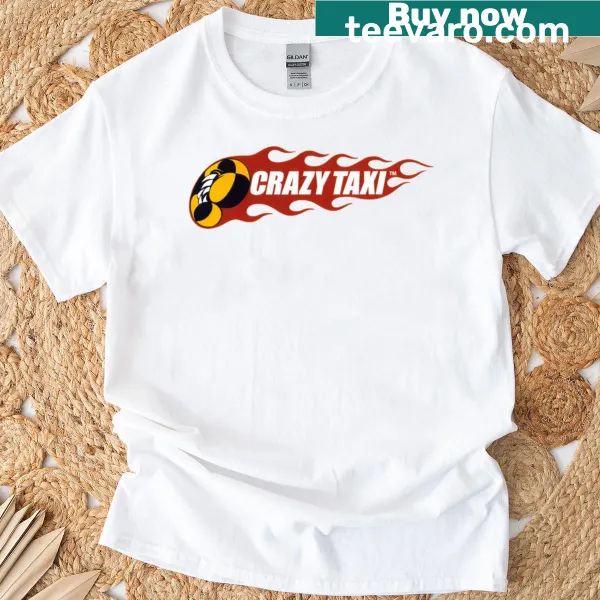 Retro Crazy Taxi logo and flames design on a t-shirt