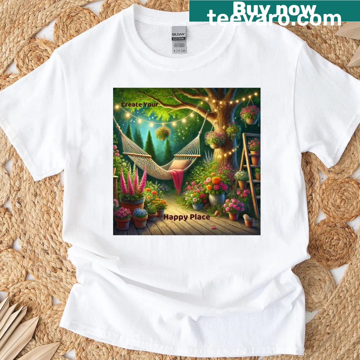 Tranquil nature scene design on the Create Your Happy Place T-shirt — on a men's t-shirt