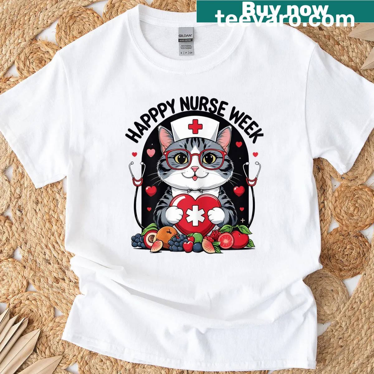 Cute cat and nurse-themed design on a t-shirt — on a men's t-shirt