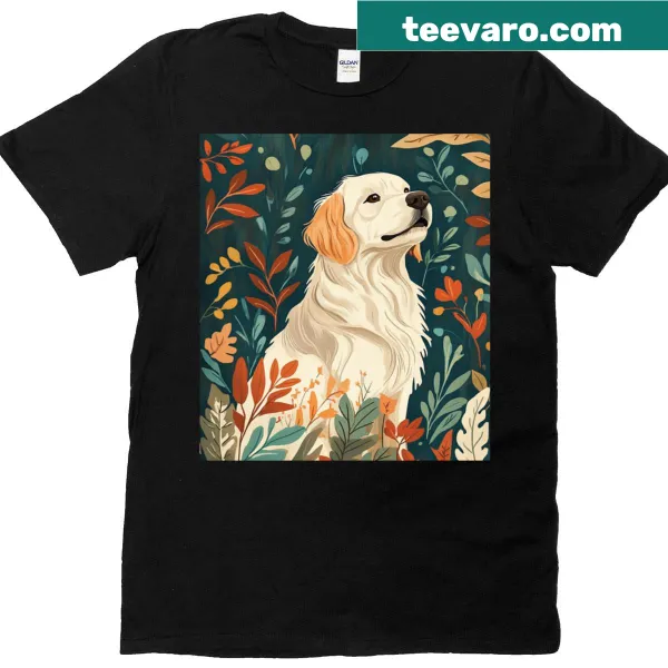 Illustrative t-shirt featuring golden retriever puppies