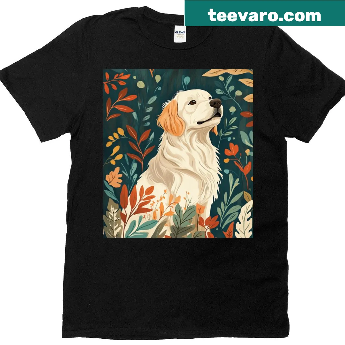 Illustrative t-shirt featuring golden retriever puppies — on a men's t-shirt