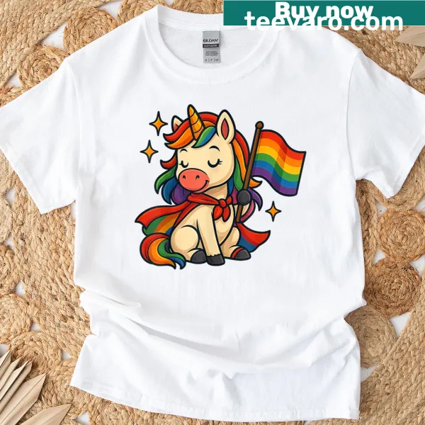 Cute unicorn holding a pride flag with rainbow colors illustration