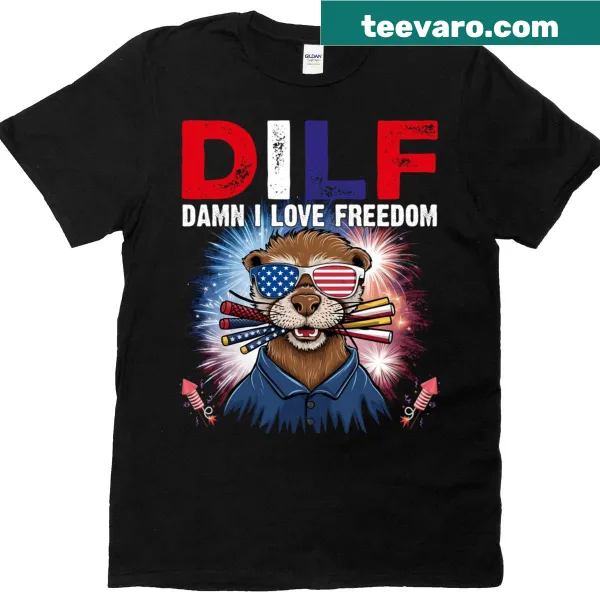 Funny patriotic T-shirt with an otter and fireworks design