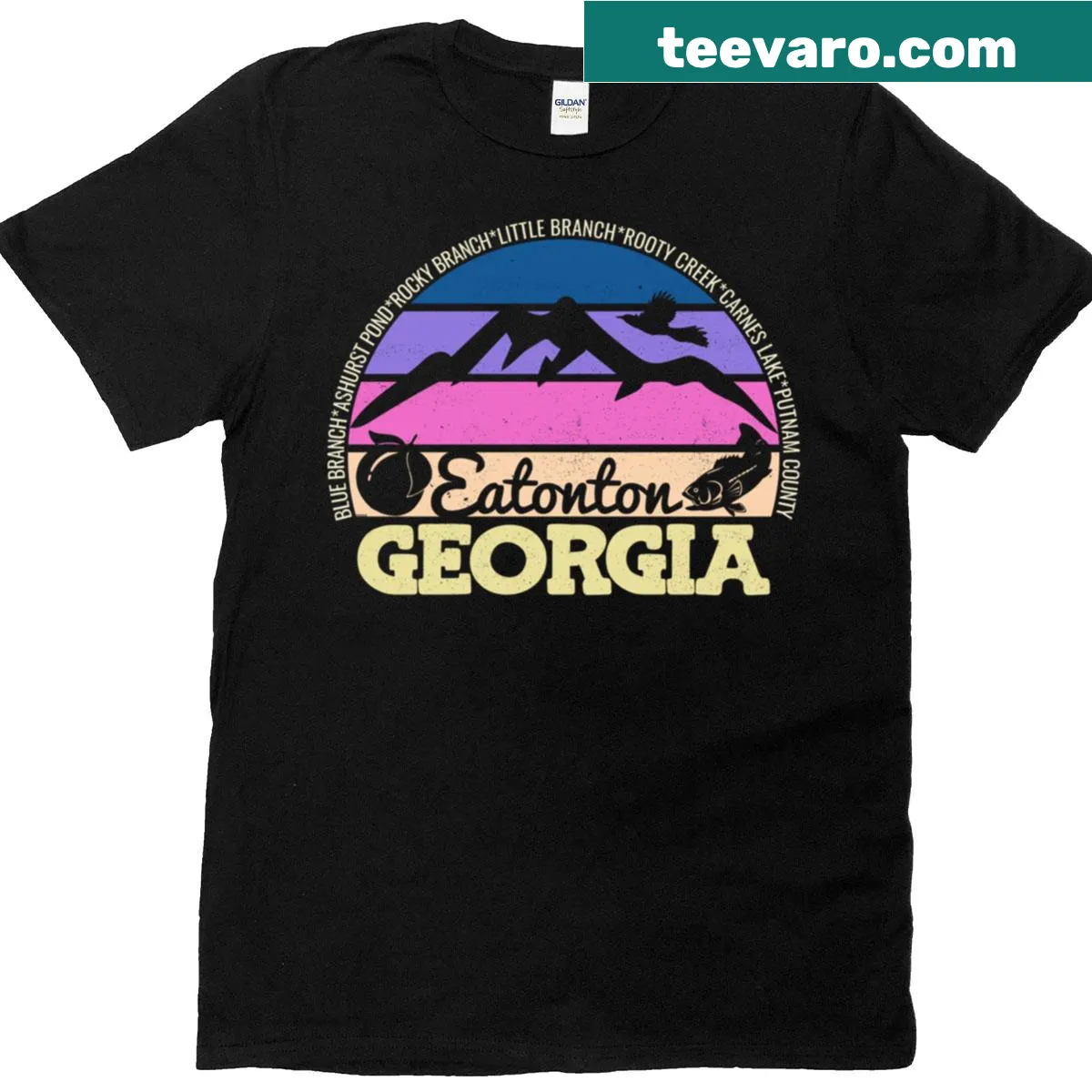 Retro vintage logo t-shirt featuring Eatonton Georgia — on a men's t-shirt