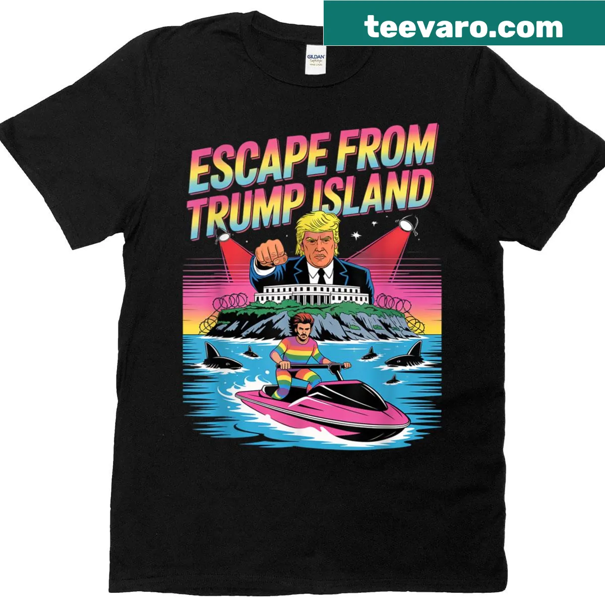 Retro 80s T-shirt with a humorous Trump Island Alcatraz design — on a men's t-shirt