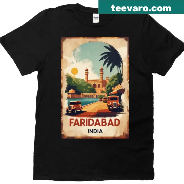 Vintage-style travel t-shirt featuring iconic imagery from Faridabad, India.