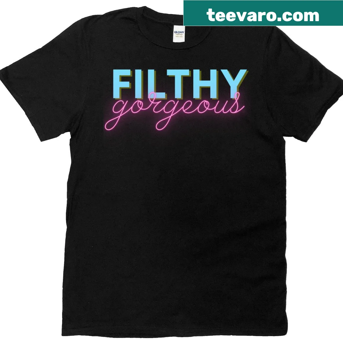 Colorful LGBTQ pride T-shirt with the phrase 'Filthy Gorgeous' — on a men's t-shirt