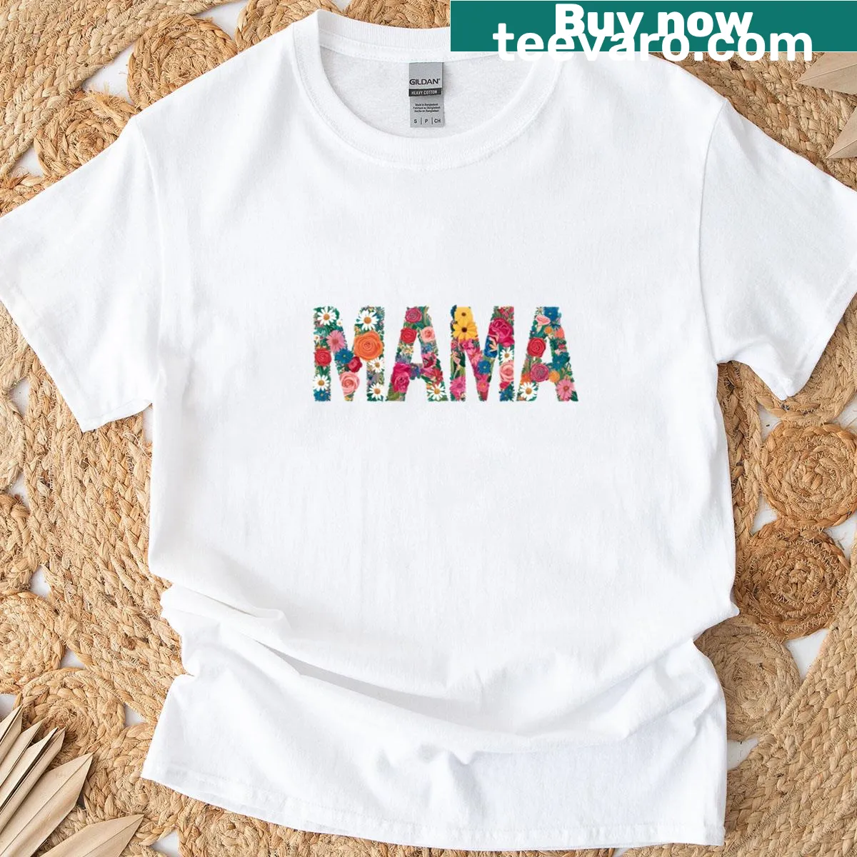 Hand-lettered floral T-shirt with 'Mama' text — on a men's t-shirt