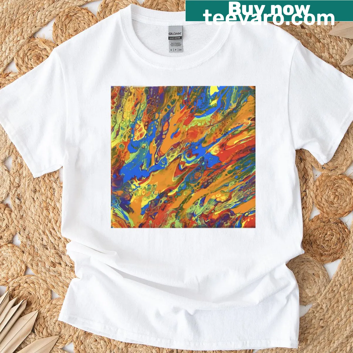 Fluid art design t-shirt with abstract patterns and swirls. — on a men's t-shirt